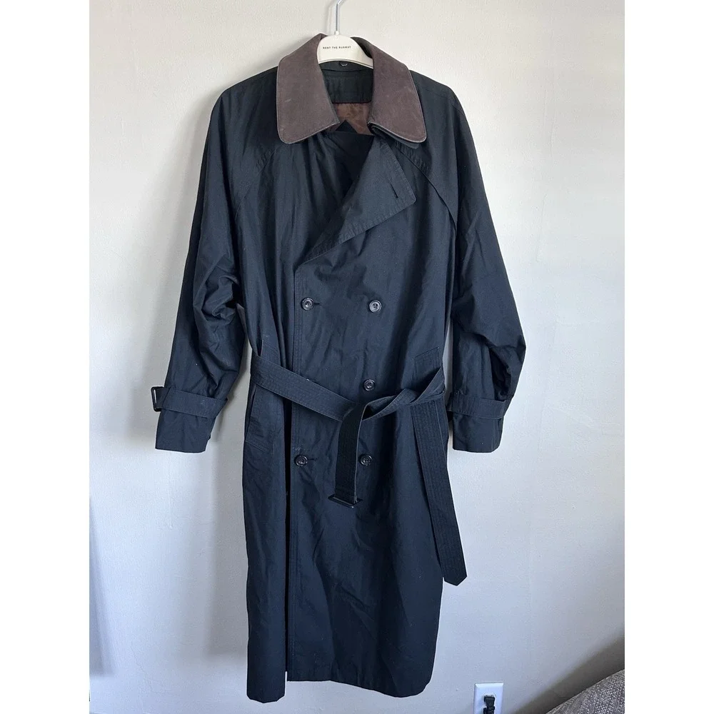 VTG London Fog TOWNE Mens 46R Leather‎ Collar Trench Coat Zip-out Wool Lining